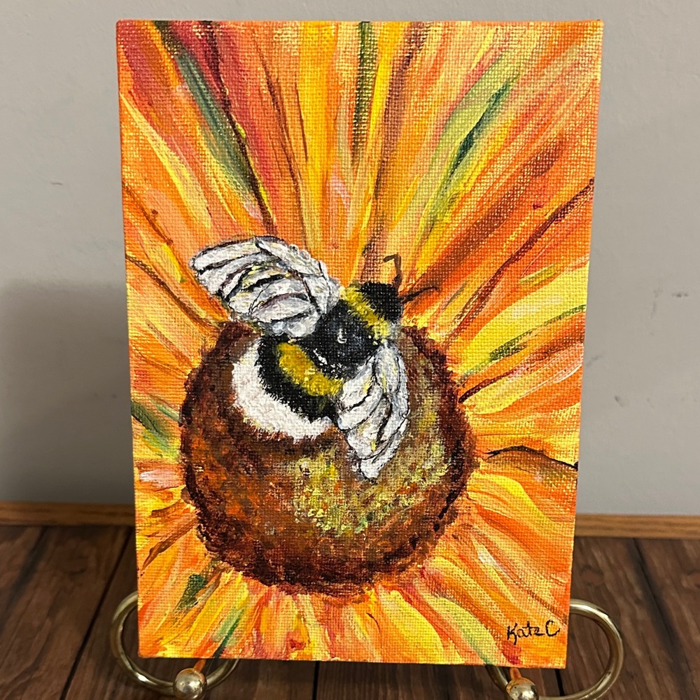 Sunflower and Bee Canvas Art in Orange and Yellow